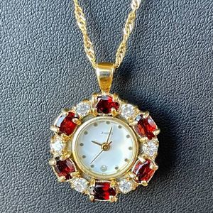 Vintage Red Garnet & CZ Crystal Clear Pendant Necklace Watch On Chain Gold Tone